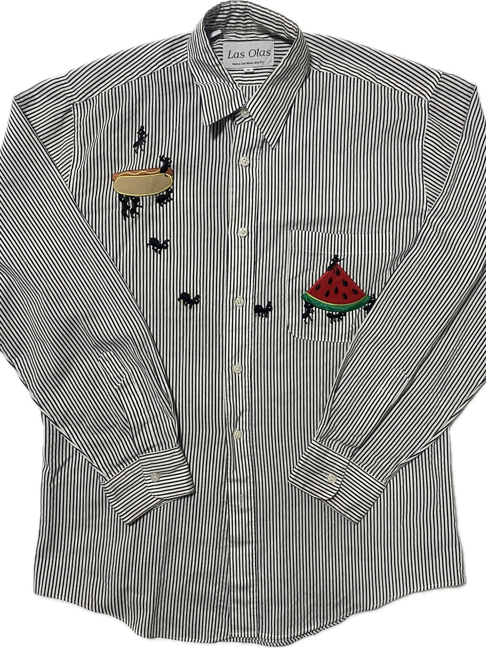 Las Olas Black & White Striped Button-Down Shirt with Embroidered Motifs